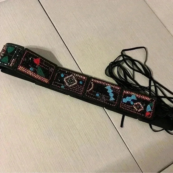 Chico’s Boho Leather Beaded Belt M/L - Picture 3 of 12